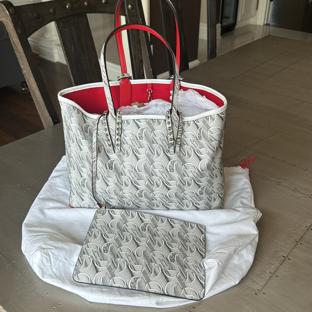 Christian Louboutin cabata toile mono white black tote bag shopper with pouch - Picture 2 of 13
